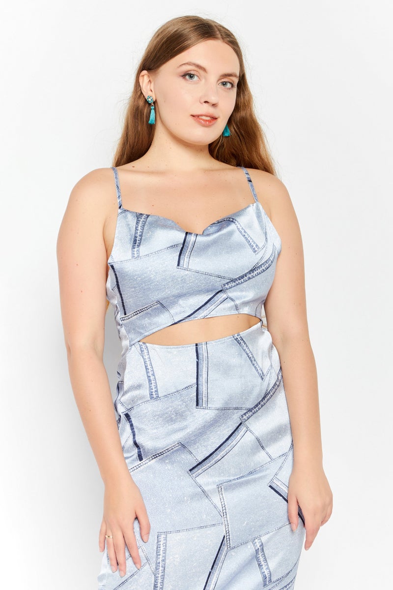 4th & Reckless فستان ميدي مقصوص بطباعة شاملة للنساء، أزرق - Image 2